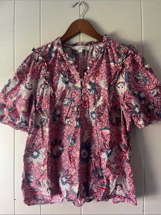 Tops - Pink Floral Ruffle-Trim Short Sleeve Blouse